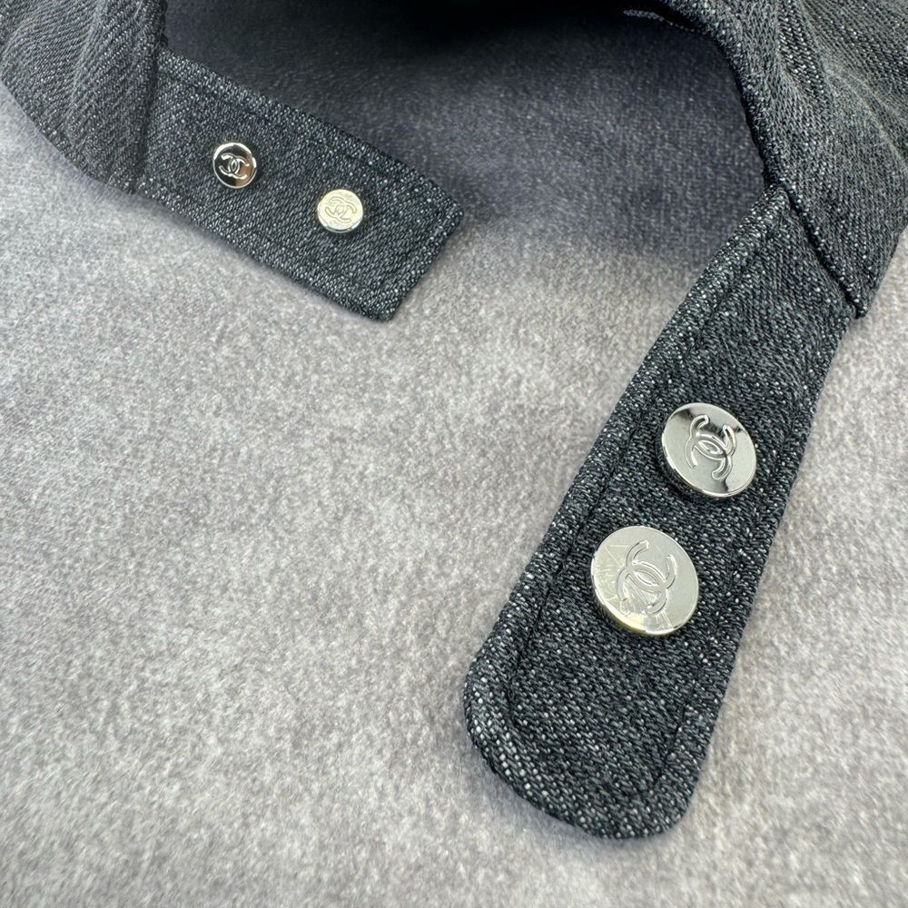 Chanel 22P Black Denim Sequin CC White Logo Baseball Cap Curved Peak Hat - Picture 12 of 13